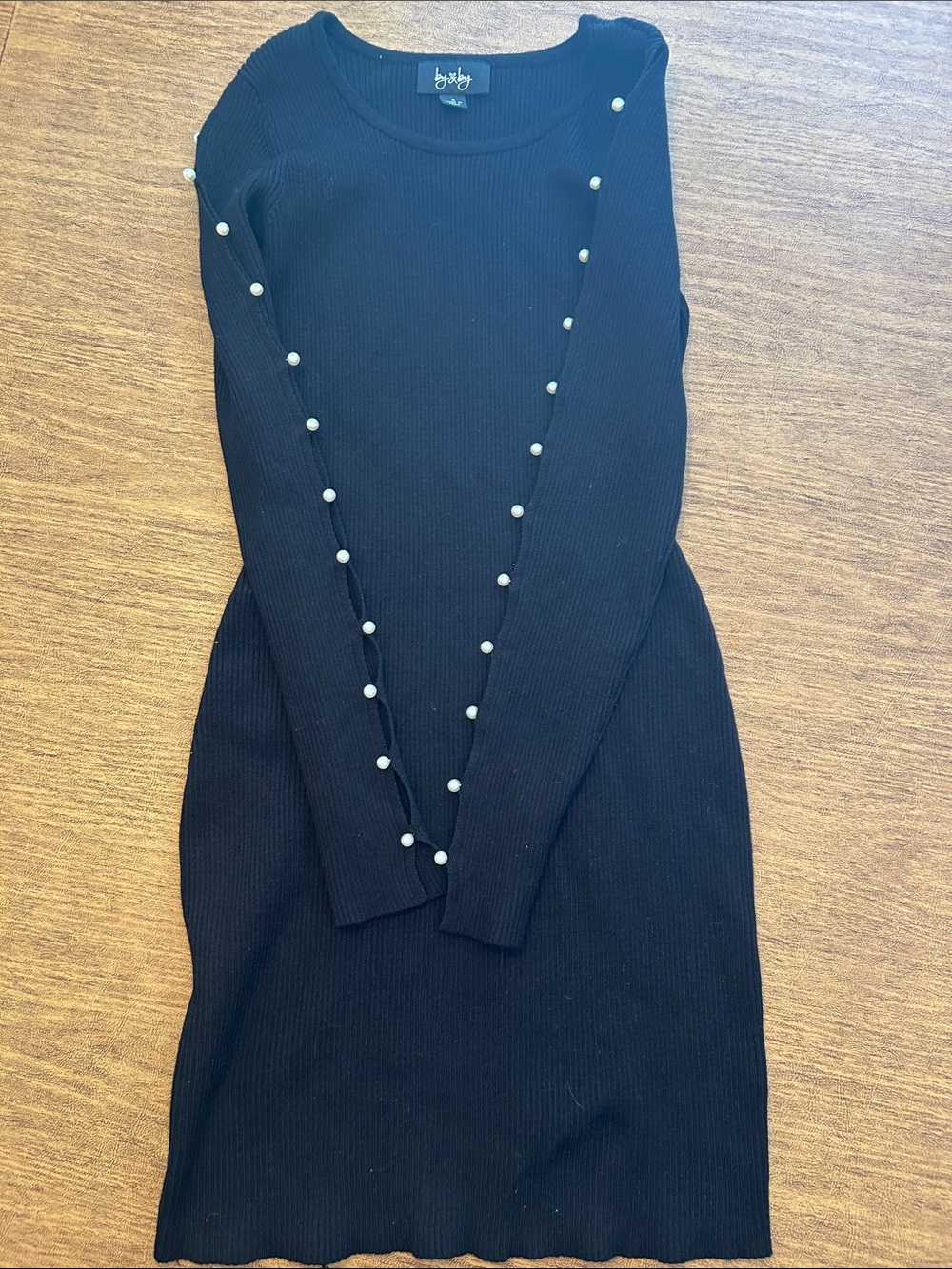 by & by Black Ribbed Long Sleeve Dress with Pearl Trim